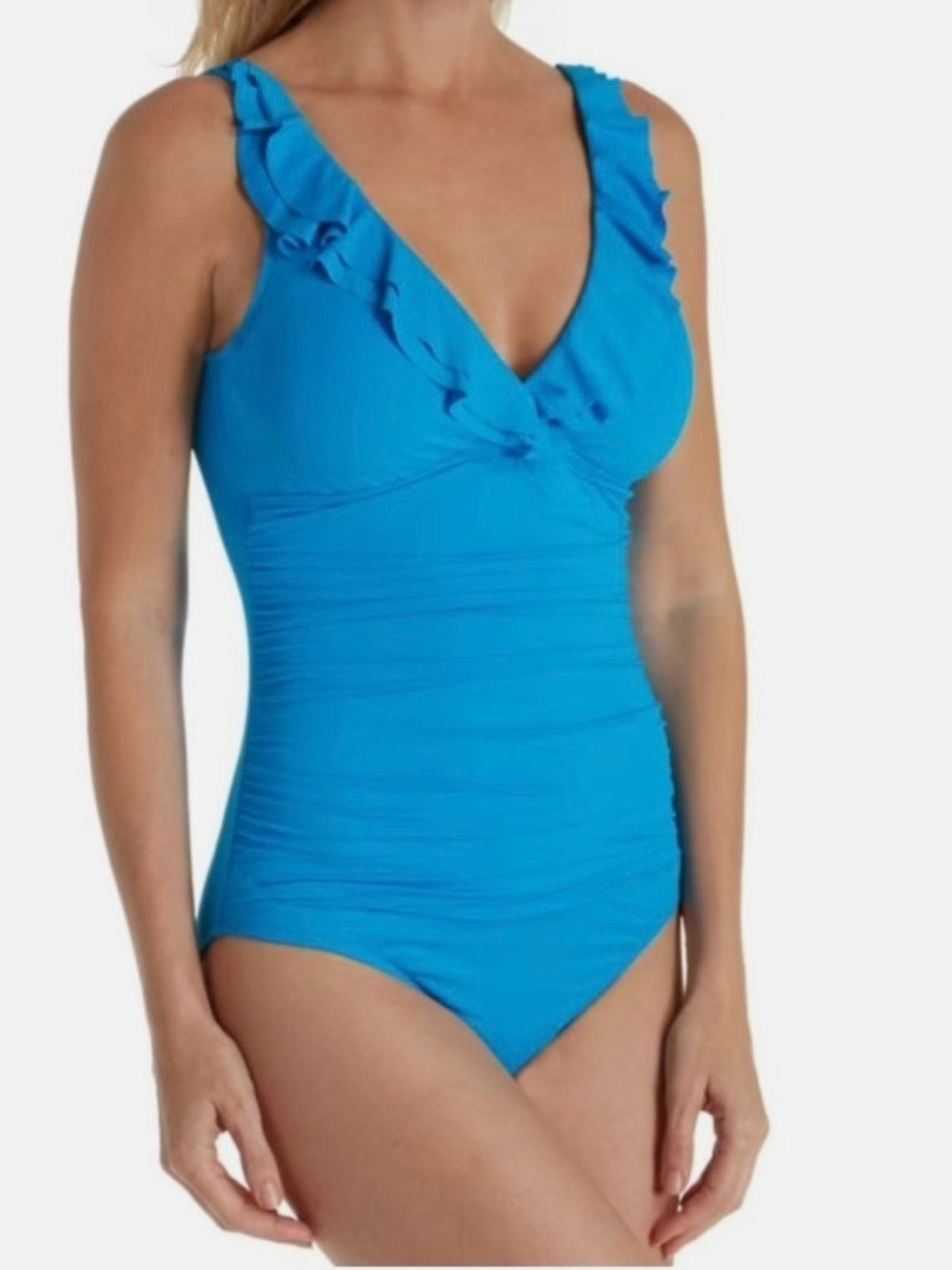 LAUREN RALPH LAUREN Ruffle One Piece Swimsuit Size 12 Electric Blue Beach Club